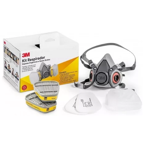 KIT (3M) MÁSCARA RESPIRADOR SEMIFACIAL 6200 + CARTUCHOS PARA GASES ÁCIDOS E VAPORES ORGÂNICOS 6003 + PRÉ-FILTROS 5N11 + RETENTORES 501