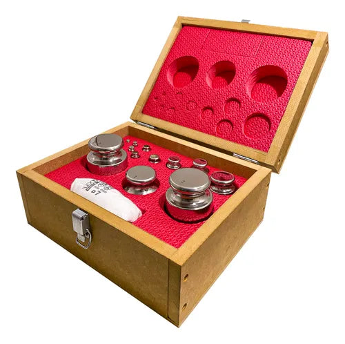 Kit de Peso Padrão - Classe F1 - Aço Inox - 1 g a 2 kg (15 Peças) - Certificado RBC (Opcional) - Incluso Estojo de Madeira
