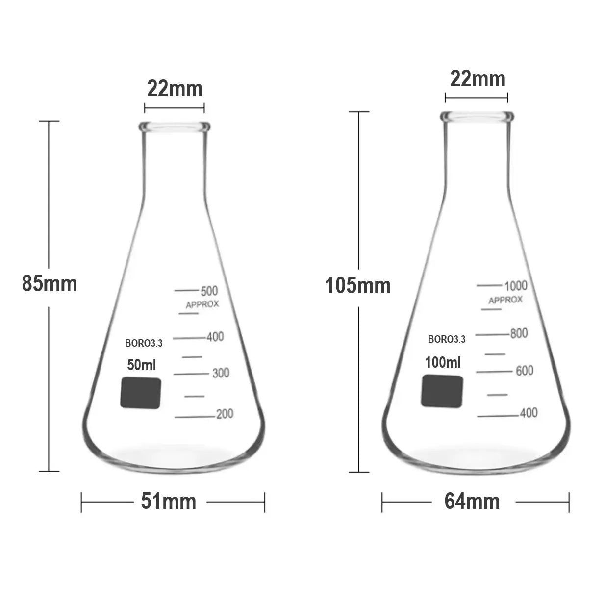 Erlenmeyer Vidro Borossilicato - Boca Estreita - Várias Dimensões