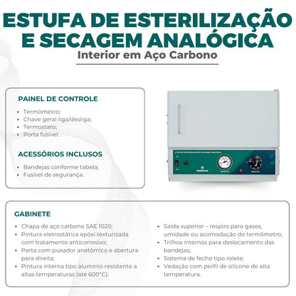 Estufa de Esterilização e Secagem Analógica - Capacidade de 11 L a 336 L