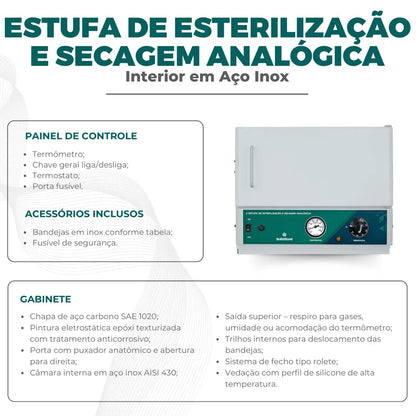 Estufa de Esterilização e Secagem Analógica - Capacidade de 11 L a 336 L