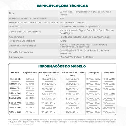 Banho Ultrassonico Conjugado com Banho Maria - Várias Dimensões
