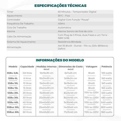 Banho Ultrassonico  - Linha SSBU - Solidsteel - Várias Dimensões