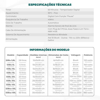 Banho Ultrassonico com Aquecimento até 35°C - 40 kHz - Várias Dimensões