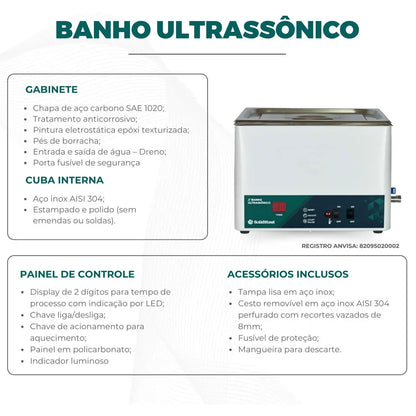 Banho Ultrassonico com Aquecimento até 35°C - 40 kHz - Várias Dimensões