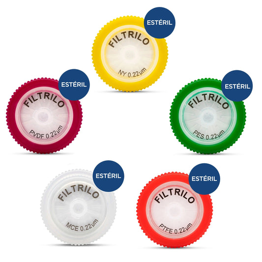 FILTRO PARA SERINGA - ESTÉRIL - PVDF / NYLON / MCE / PTFE / PES - 0.22um - Ø 25mm / Ø 33mm - FILTRILO
