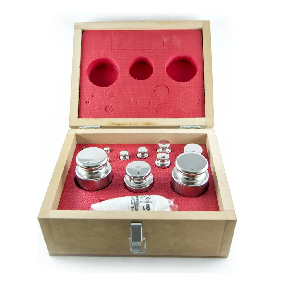 Kit de Peso Padrão - Classe F1 - Aço Inox - 1 g a 2 kg (15 Peças) - Certificado RBC (Opcional) - Incluso Estojo de Madeira