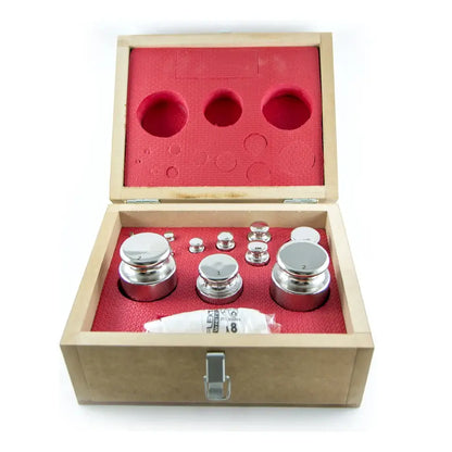 Kit de Peso Padrão - Classe F1 - Aço Inox - 1 g a 2 kg (15 Peças) - Certificado RBC (Opcional) - Incluso Estojo de Madeira