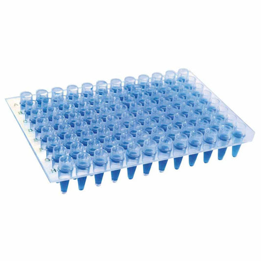 MICROPLACA DE PCR - 96 POÇOS ELEVADOS - SEM BORDA - LIVRE DE DNA, DNASE, RNASE E PIROGÊNIO - PACOTE COM 25 UNIDADES