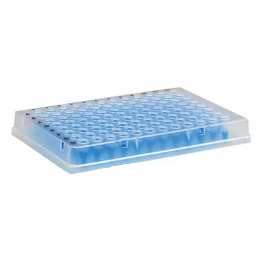 MICROPLACA DE PCR - 96 POÇOS - COM BORDA - LIVRE DE DNA, DNASE, RNASE E PIROGÊNIO - PACOTE COM 25 UNIDADES